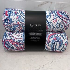 2 Lauren Ralph Lauren Indoor Outdoor Bolster Decorative Pillows Blue/Pink 20x7